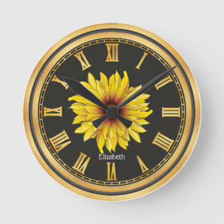 Reloj Redondo Mediano El oro negro personalizado y hermoso girasol