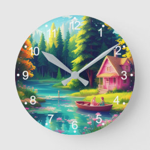 Reloj Redondo Mediano El paisaje natural con la cabaña rosa