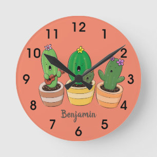 Reloj Redondo Mediano El trío de cactus lindo canto ilustracion personal