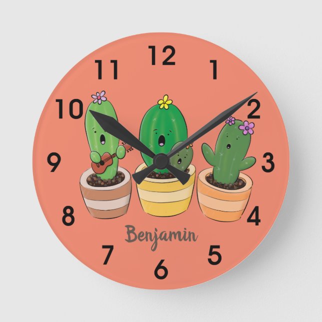 Reloj Redondo Mediano El trío de cactus lindo canto ilustracion personal (Anverso)