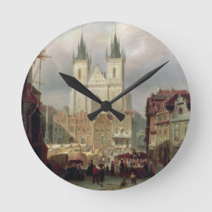Reloj Redondo Mediano El viejo mercado en Praga, 1881 (aceite en canva