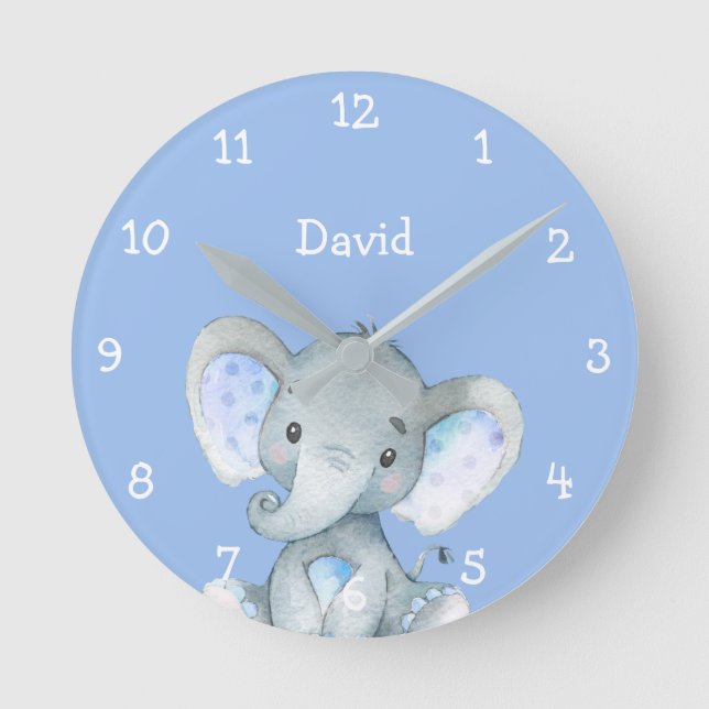 Reloj Redondo Mediano Elefante Azul Nombre de niño pequeño personalizado (Anverso)