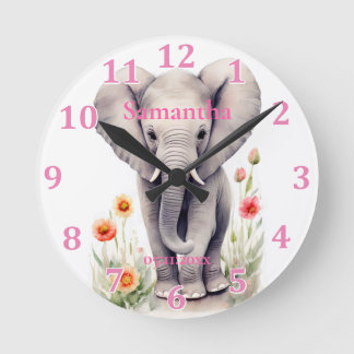 Reloj Redondo Mediano Elefante bebé adorable acuarela pastel flor de pri
