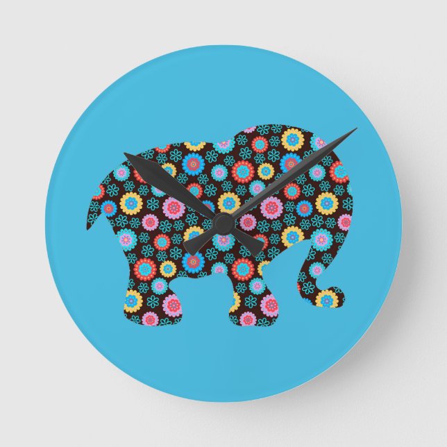 Reloj Redondo Mediano Elefante de patrón de flores en azul (Anverso)
