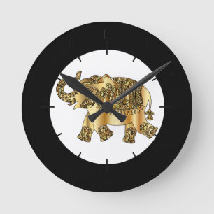 Reloj Redondo Mediano Elefante Floral de la Paisley de Oro de moda,