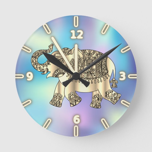 Reloj Redondo Mediano Elefante Floral Gold Paisley, Holográfico Azul (Anverso)