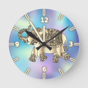 Reloj Redondo Mediano Elefante Floral Paisley Dorado, Azul Holográfico