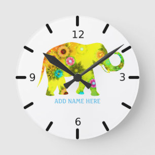 Reloj Redondo Mediano Elefante Floral Personalizado