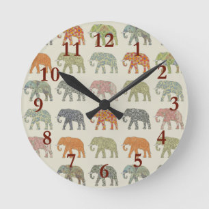 Reloj Redondo Mediano Elefante Patrón de Animal Colorido Contemporáneo