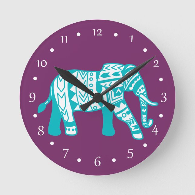 Reloj Redondo Mediano Elefante que camina tribal verde azulado (Anverso)
