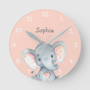 Reloj Redondo Mediano Elefante Rosa Cute Baby Nombre Personalizado