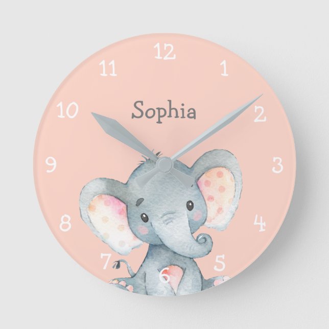 Reloj Redondo Mediano Elefante Rosa Cute Baby Nombre Personalizado (Anverso)