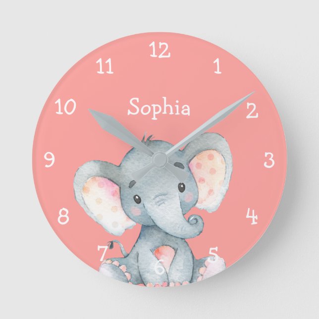 Reloj Redondo Mediano Elefante Rosa Cute Baby Nombre Personalizado