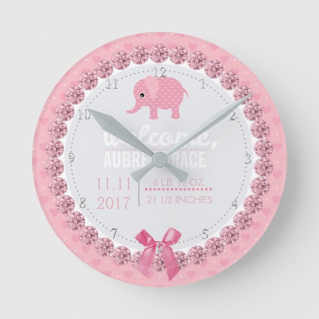 Reloj Redondo Mediano Elefante rosa de la guardería chica | Estadísticas (Anverso)