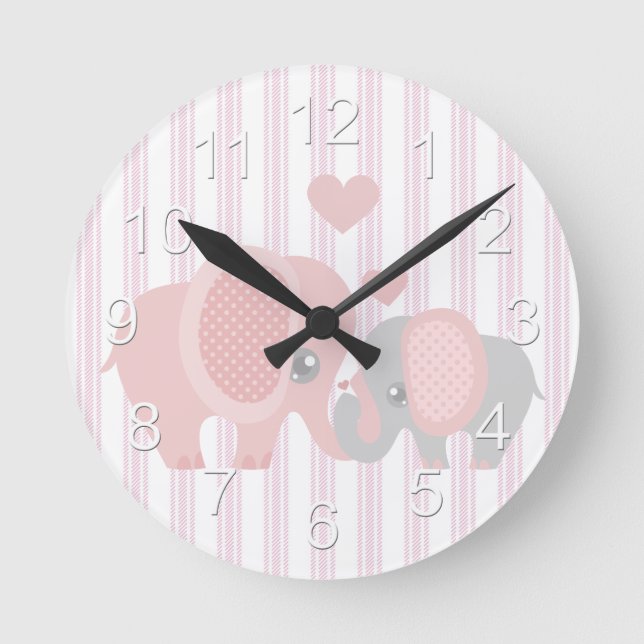 Reloj Redondo Mediano Elefante rosado de la niña hermosa (Anverso)