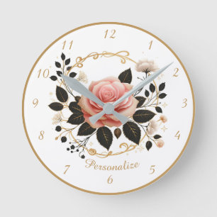 Reloj Redondo Mediano Elegancia de Rosa Vintage Rosa Dorado Floral Román
