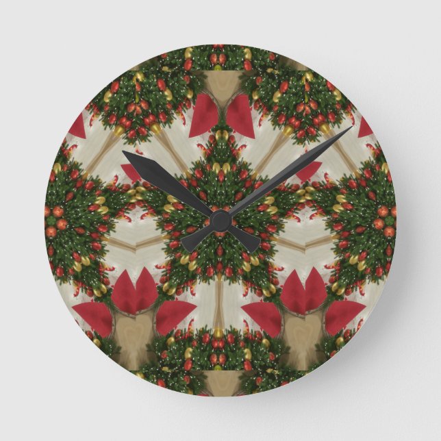 Reloj Redondo Mediano Elegant Christmas Wreath Red Green Kaleidoscopic (Anverso)