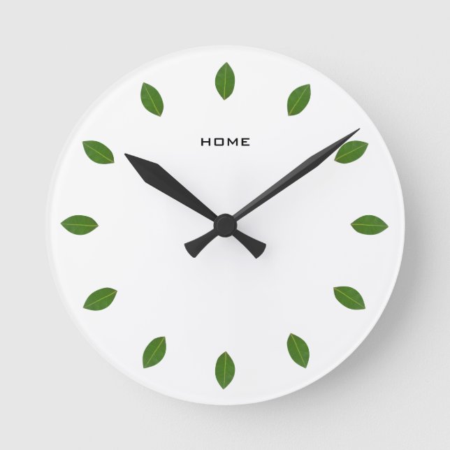 Reloj Redondo Mediano Elegant Green Laurel Leaves on White (Anverso)