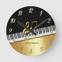 Reloj Redondo Mediano Elegant Modern Black Gold Music Notes,Piano Keys  