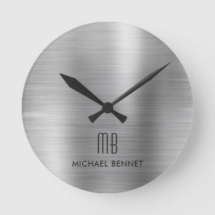 Reloj Redondo Mediano Elegant Monogrammed Silver Gray Brushed Metallic