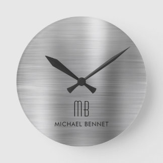 Reloj Redondo Mediano Elegant Monogrammed Silver Gray Brushed Metallic