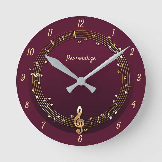 Reloj Redondo Mediano Elegant Musical Notes Clef Music Purple Gold (Anverso)