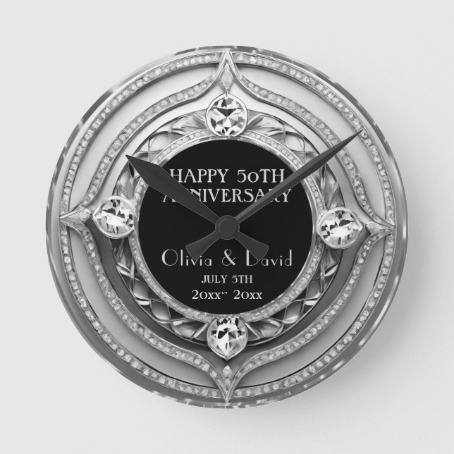 Reloj Redondo Mediano Elegante aniversario Boda de diamantes plateados (Anverso)