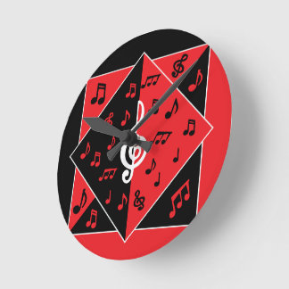 Reloj Redondo Mediano Elegante Art Deco Music Notes Red Black White