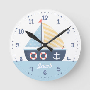 Reloj Redondo Mediano Elegante barco de vela Tema Náutico Para Niños Sal