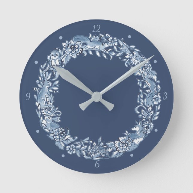 Reloj Redondo Mediano Elegante Blue & White Animal Wreath Delft (Anverso)