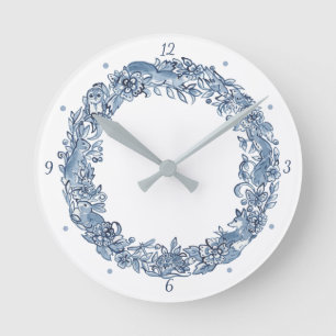 Reloj Redondo Mediano Elegante Blue & White Animal Wreath Delft