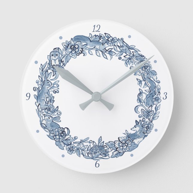 Reloj Redondo Mediano Elegante Blue & White Animal Wreath Delft (Anverso)