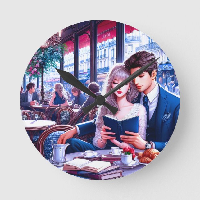 Reloj Redondo Mediano Elegante Cafe Parisiense Fecha: Un Escape Romántic (Anverso)