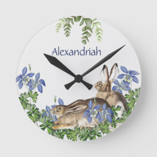 Reloj Redondo Mediano Elegante conejo azul floral acuático conejito