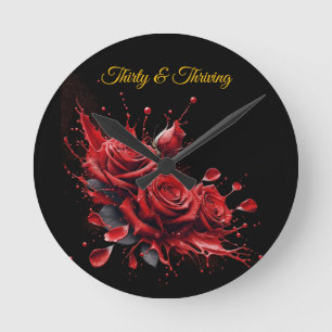 Reloj Redondo Mediano Elegante cumpleaños número 30 - Rosas en flor