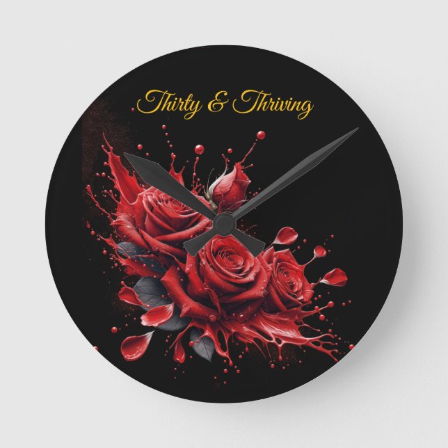 Reloj Redondo Mediano Elegante cumpleaños número 30 - Rosas en flor (Anverso)