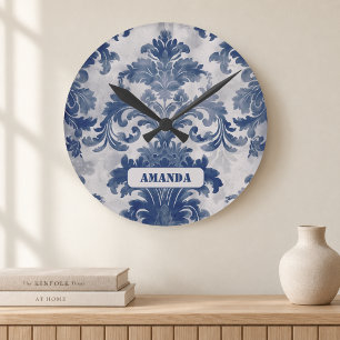 Reloj Redondo Mediano Elegante damasco Azul toile de jouy monograma
