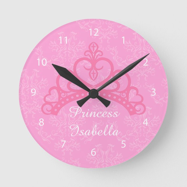 Reloj Redondo Mediano Elegante Damasco Rosa, Princesa Tiara, Para Chicas (Anverso)