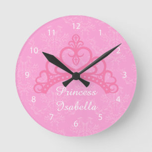 Reloj Redondo Mediano Elegante damasco rosa, tiara de princesa, para niñ