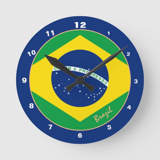 Reloj Redondo Mediano Elegante diseño de bandera brasileña, Brasil / mod (Anverso)