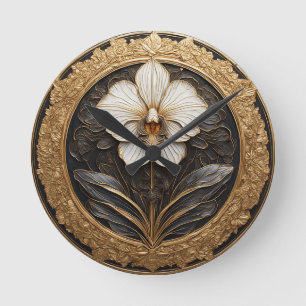 Reloj Redondo Mediano Elegante diseño de orquídeas doradas