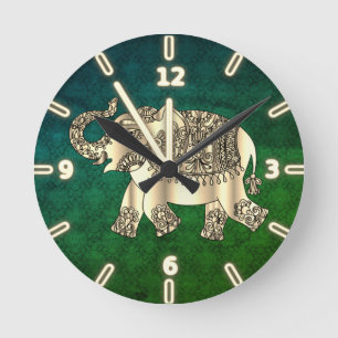 Reloj Redondo Mediano Elegante elefante floral de cachemira en oro, dama