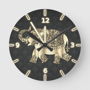 Reloj Redondo Mediano Elegante elefante floral de cachemira en oro, dama