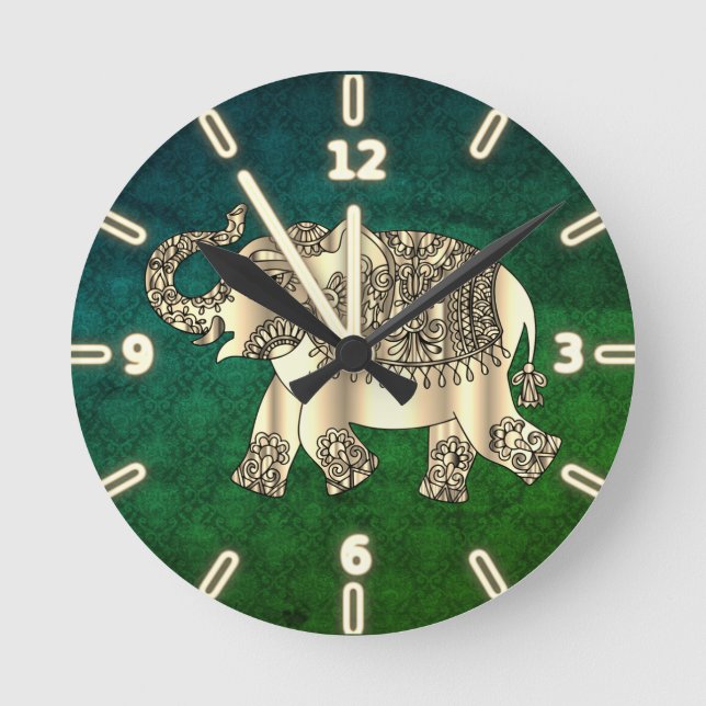 Reloj Redondo Mediano Elegante Elefante Floral de Paisley Gold, Damasco  (Anverso)