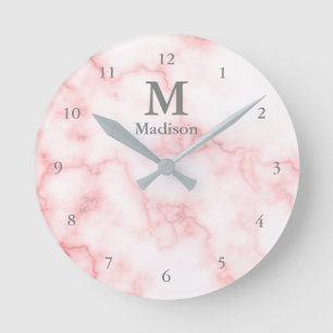 Reloj Redondo Mediano Elegante Faux Pink Marble Gray Name & Monogram