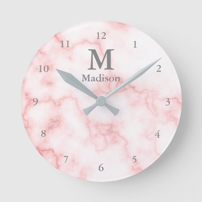 Reloj Redondo Mediano Elegante Faux Pink Marble Gray Name & Monogram (Anverso)