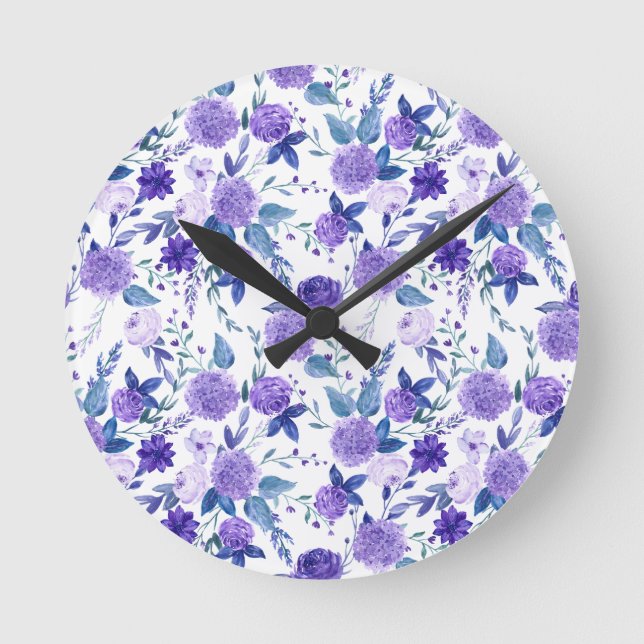 Reloj Redondo Mediano Elegante Floral Purple Lilac Sobre Blanco (Anverso)