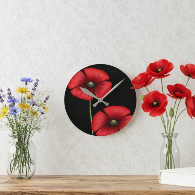 Reloj Redondo Mediano Elegante Floral Rojo Flores de amapola en negro (Pretty poppies make a pretty poppy clock. Pop it on your wall today!)