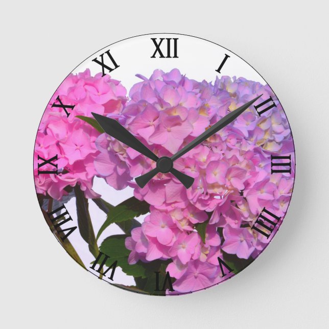 Reloj Redondo Mediano Elegante floral rosa púrpura hidrangeas (Anverso)