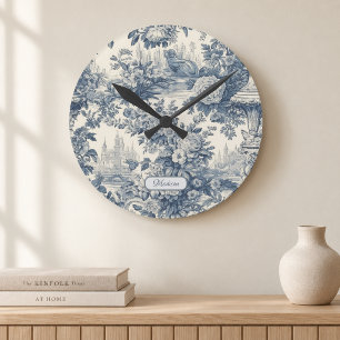 Reloj Redondo Mediano Elegante floral vintage azul monograma toile de jo